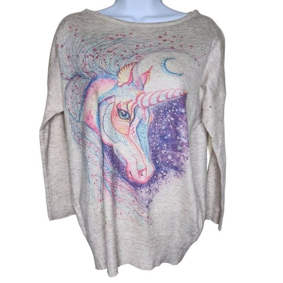 Unicorn Sweater Womens Size M Oatmeal Purple Pink Pullover Thin Knit Ribbed - Picture 1 of 7